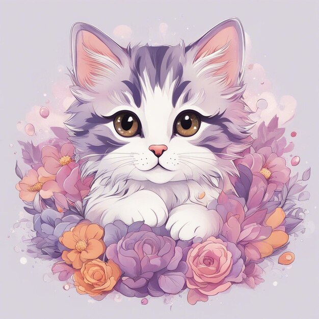 Foto flores de fantasía salpicadas con arte de diseño de camiseta de personaje de dibujos animados de gato moderno