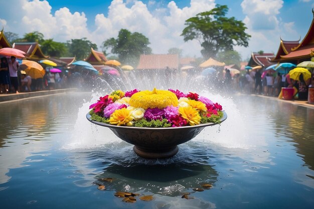 Las flores del festival de Songkran en Tailandia en un cuenco de agua salpicando agua en las nubes