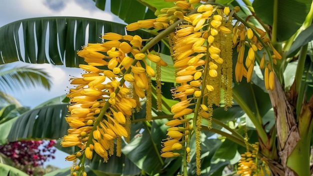 Foto flores de fistula de cassia en el fondo de una hoja de plátano verde