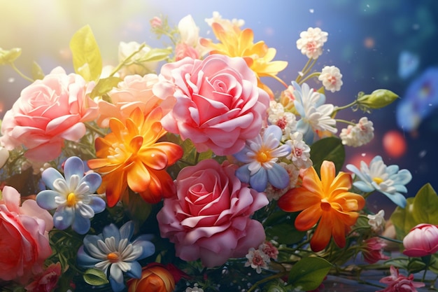 Las flores florecen la decoración de ramos florales en un colorido fondo hermoso está bellamente representada