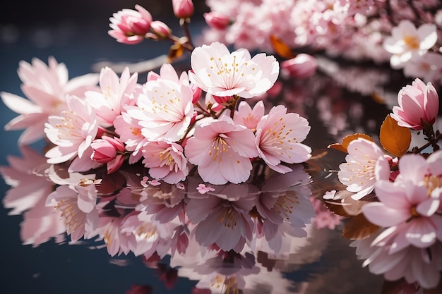 Las flores de las flores de sakura con el tema del reflejo de la primavera