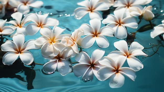 las flores flotan en una sola fila en el borde de la natación