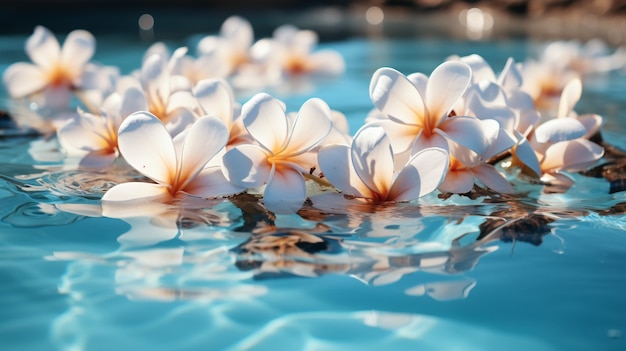 las flores flotan en una sola fila en el borde de la natación