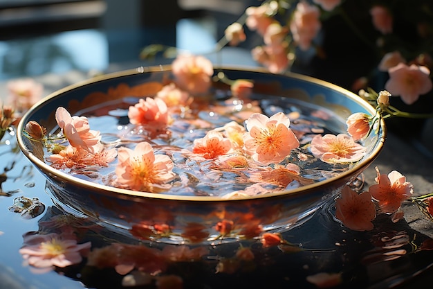 Flores flotantes en un cuenco en la superficie del agua