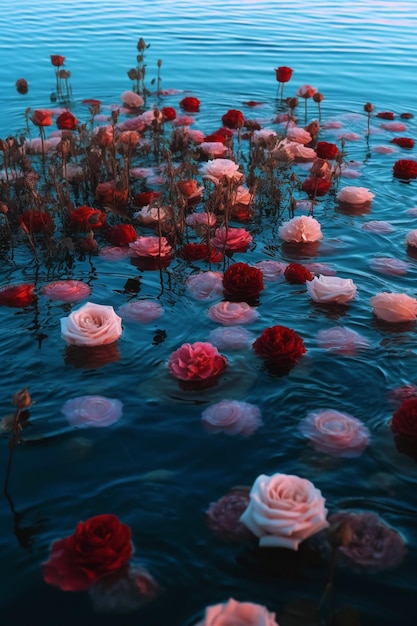 flores flutuando na água com um céu azul ao fundo IA generativa