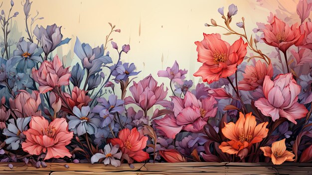 Flores en un fondo de madera antigua diseño de borde tono de color vintage una flor conceptual de un fondo de primavera o verano AI generativo