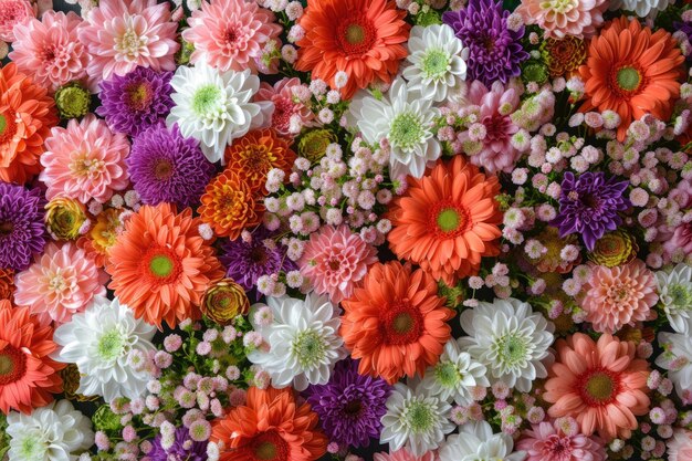 Flores Fondo de pared con increíble rojo naranja rosa púrpura verde y blanco crisantemo flores decoración de boda hecho a mano hermoso fondo de pared de flores