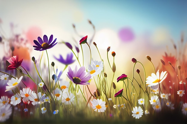 Flores en un fondo de primavera de pradera