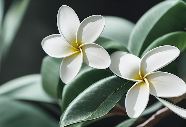 Flores frangipani blancas con hojas verdes en el fondo generativo ai