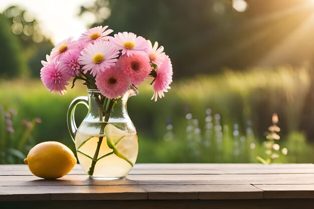 Flores en un frasco con un limón y un limón en la mesa