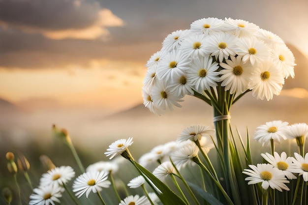 Flores frente a una puesta de sol