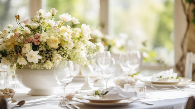 Foto flores frescas adornam um sofisticado arranjo de mesa elegantemente gerado pela ia