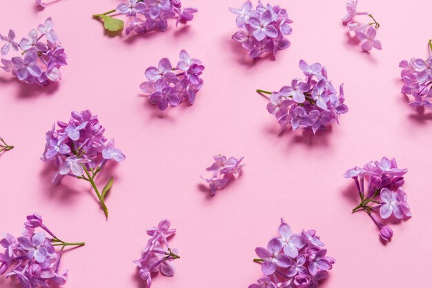 Flores frescas de color lilas naturales en mesa rosa