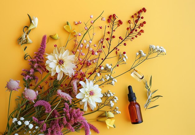 Flores frescas da primavera e óleo essencial, uma exibição vibrante de beleza natural e saúde em um amarelo