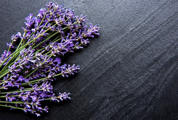 Flores frescas de buquê de lavanda na superfície de concreto preto