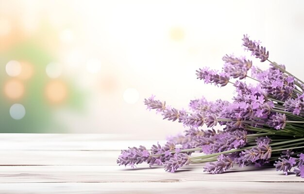 Foto flores frescas de lavanda e ervas em fundo de mesa de madeira branca