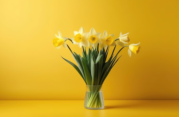 Flores frescas de primavera bouquet de narcisos em vaso de vidro em fundo amarelo valentinas de dia das mães