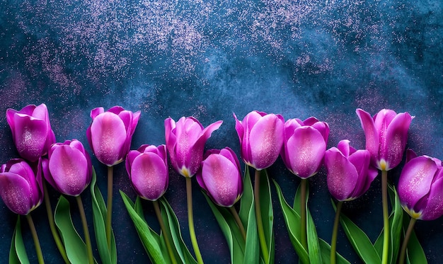 Flores frescas de tulipa de primavera como um desenho de cartão postal de férias com fundo de cor com espaço para texto