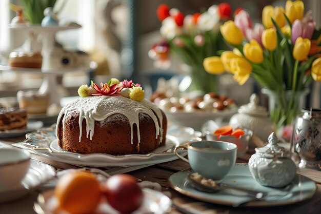 Flores frescas y dulces mesa de brunch con tema de Pascua con frutas y pastel