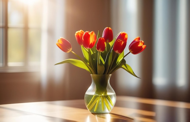 Flores frescas de primavera tulipanes rojos y amarillos ramo en jarrón de vidrio en la mesa mot interior ligero moderno