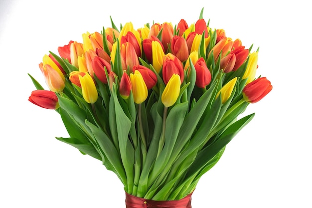 flores frescas recién cortadas tulipanes amarillos y rosas con hojas aisladas