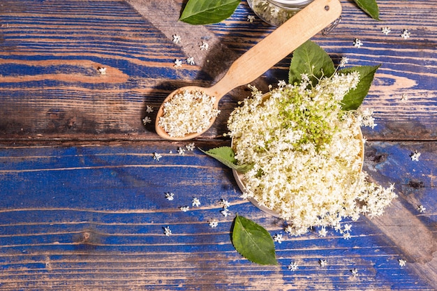 Flores frescas de saúco. Ingrediente para el concepto de comida sana. Luz dura moderna, sombra oscura. Fondo de tablas vintage azul, vista superior