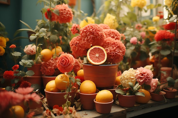 flores y frutas en la mesa