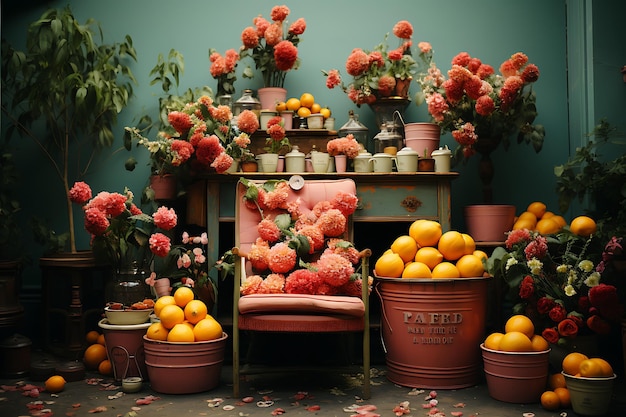 flores y frutas en la mesa