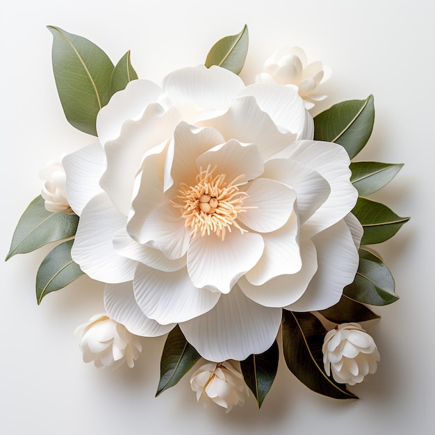 Las flores de una gardenia en fondo blanco