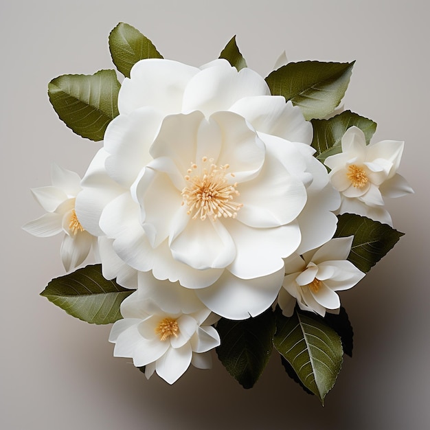 Las flores de una gardenia en fondo blanco