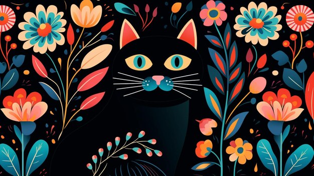 Flores de gato humorísticas impresas estilo de arte popular imagen simple arte generado por IA