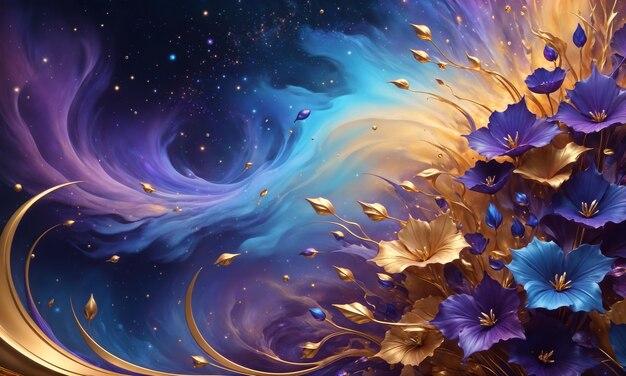 Flores geradas pela IA a flutuar na expansão cósmica cheia de estrelas