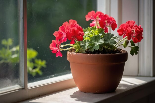 Flores de geranio en una olla de terracota junto a la ventana