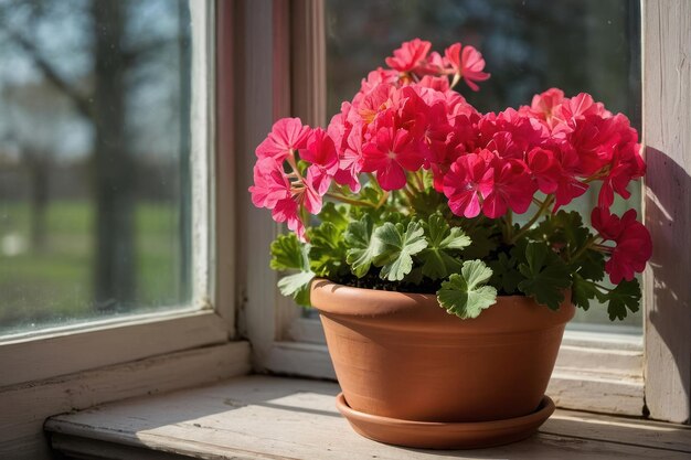 Flores de geranio en una olla de terracota junto a la ventana