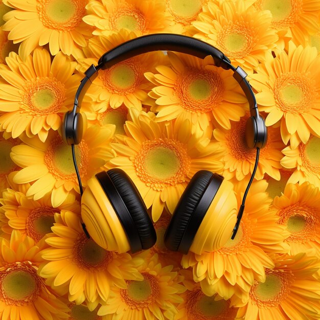 Flores de gerbera amarillas con auriculares negros sobre un fondo amarillo