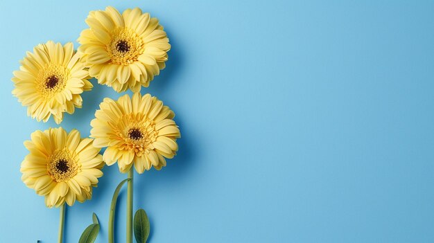 Flores de gerbera amarillas sobre un fondo azul vibrante