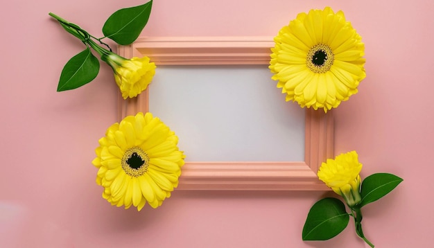 Flores de gerbera amarillas sobre un fondo rosa