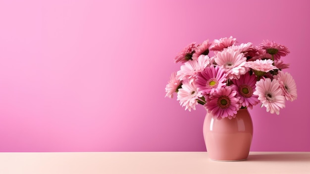 Flores de gerbera rosa en un jarrón sobre la mesa con fondo de pared rosa