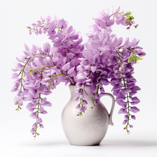 Flores de glicina fotorrealistas en un moderno jarrón de cerámica