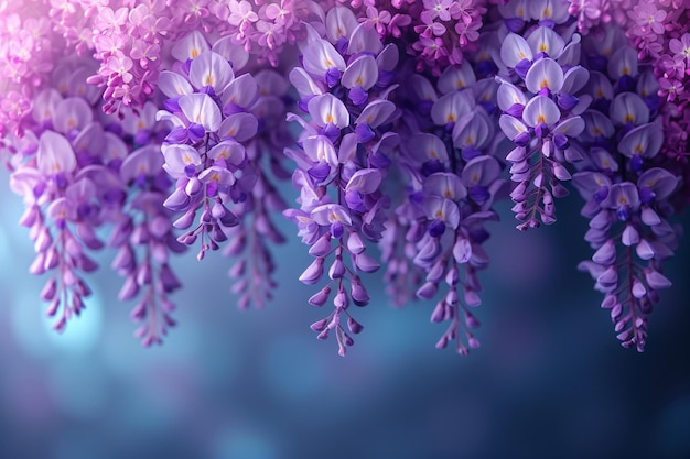 Las flores de glicina de primavera en el jardín de la puesta de sol Ramas púrpuras de glicina japonesa sinensis