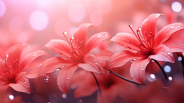Flores y gotas de agua Verano romántico floral fondo de color rojo claro Beautifu Generative AI