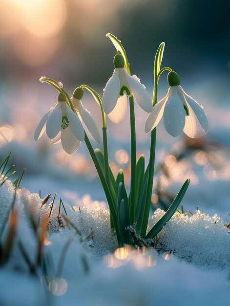 Las flores de las gotas de nieve crecen a través de la nieve a principios de la primavera