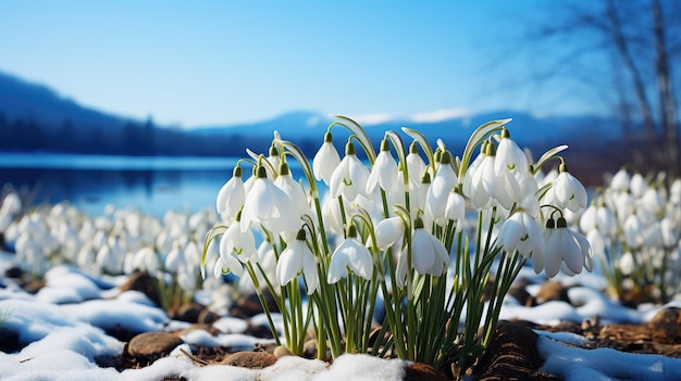 Las flores de las gotitas de nieve florecen en el campo nevado creando un hermoso paisaje natural