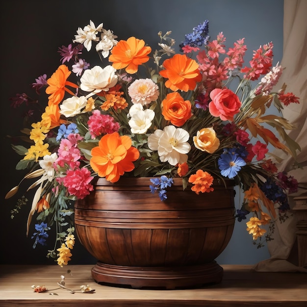 Flores en una gran olla de madera