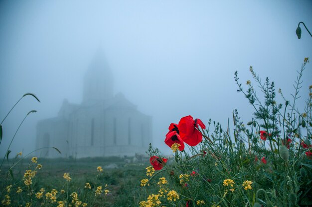 Flores y hermosa iglesia en niebla