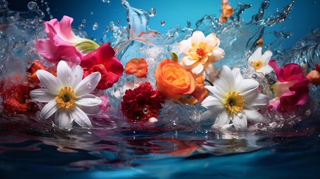 Flores hermosas y coloridas en el agua con gotas salpicando