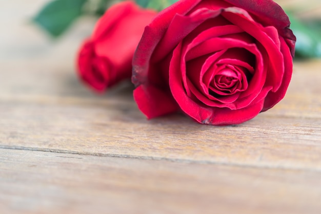 Flores hermosas de la naturaleza de la flor de la rosa del rojo del jardín para San Valentín en piso de madera