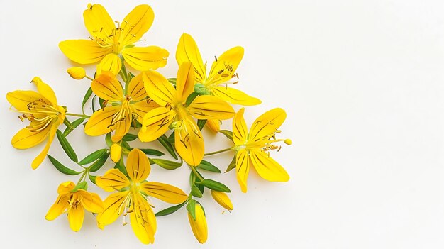 Flores de hierba de San Juan o Hypericum aisladas sobre un fondo blanco Vista superior Colocación plana IA generativa