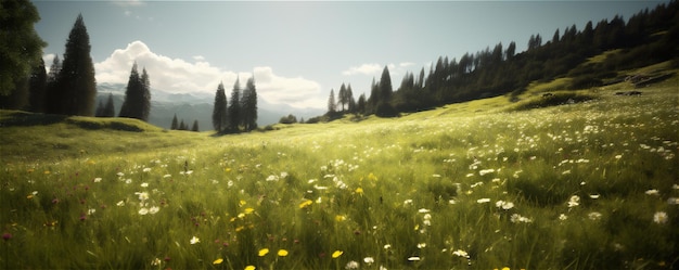 Flores en una hierba verde en un banner de prado soleado Contenido generado por IA