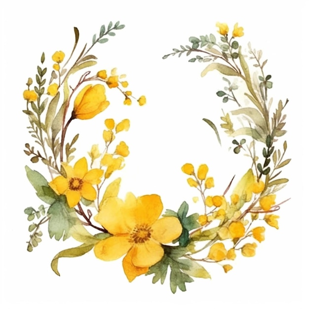 Flores y hojas amarillas dispuestas en una corona sobre un fondo blanco